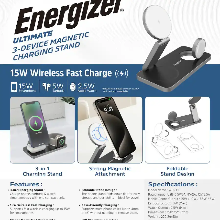 Energizer Base de Carga Magnética 3 en 1 15W MagSafe/Qi2's photo #2