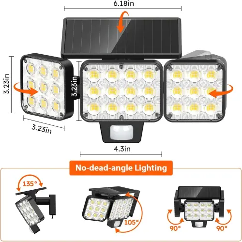Luces Solares LED Exteriores 3500LM con Sensor de Movimiento PIR, 3 Cabezales Ajustables, Impermeables IP para Patio, Jardín, Garaje y Seguridad del Hogar (Pack de 2)'s photo #6