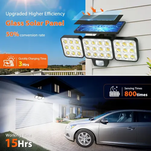 Luces Solares LED Exteriores 3500LM con Sensor de Movimiento PIR, 3 Cabezales Ajustables, Impermeables IP para Patio, Jardín, Garaje y Seguridad del Hogar (Pack de 2)'s photo #2
