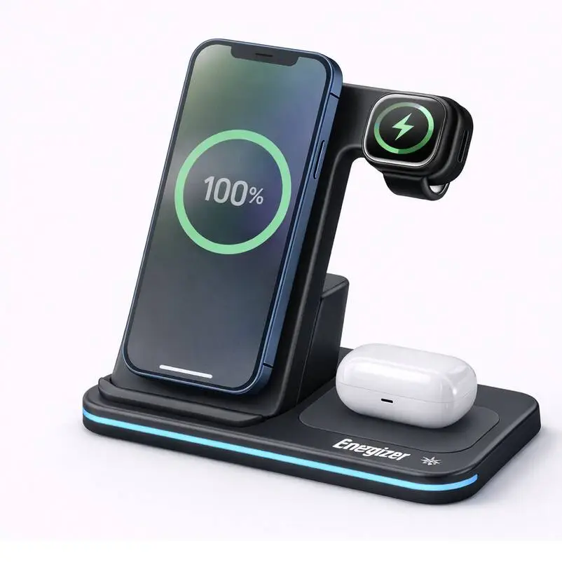 Cargador Inalámbrico Energizer 3 en 1 Qi 15W RGB para iPhone, AirPods, Apple Watch y Android's photo #1