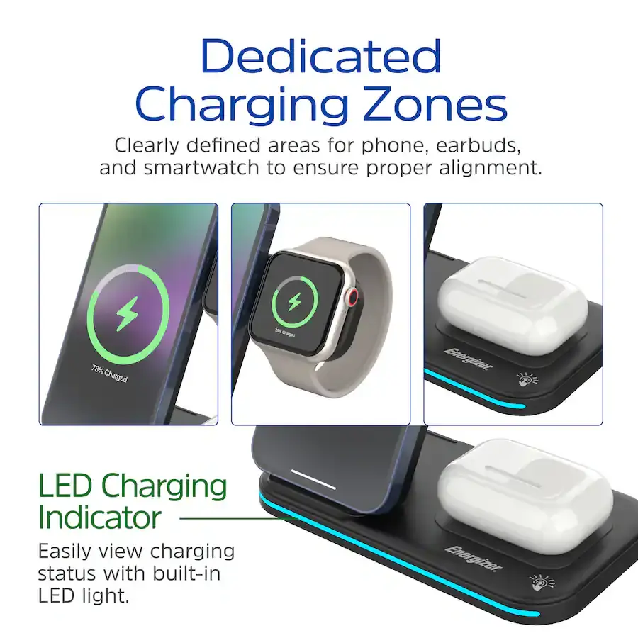 Cargador Inalámbrico Energizer 3 en 1 Qi 15W RGB para iPhone, AirPods, Apple Watch y Android's photo #5