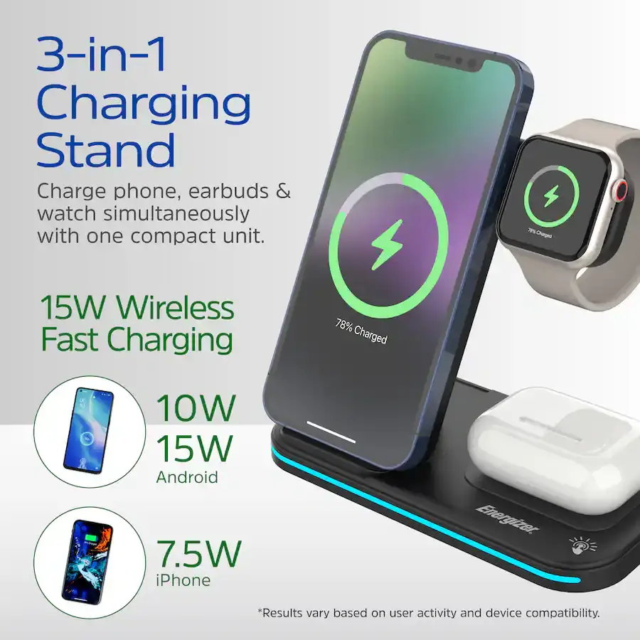 Cargador Inalámbrico Energizer 3 en 1 Qi 15W RGB para iPhone, AirPods, Apple Watch y Android's photo #2