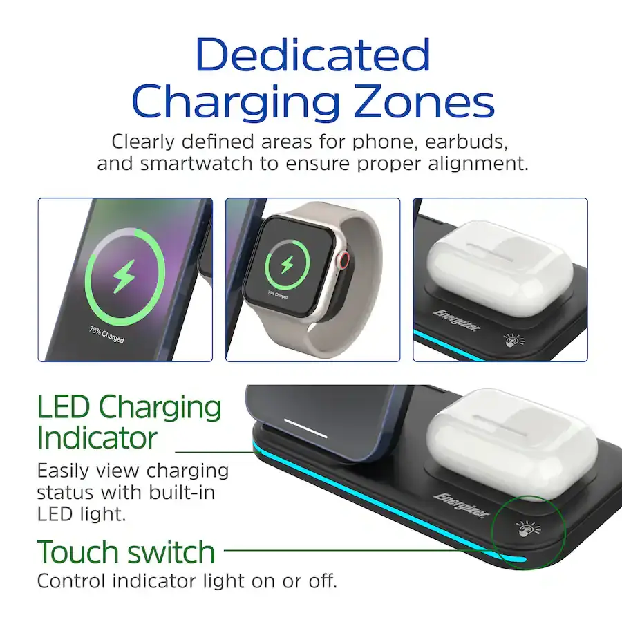 Cargador Inalámbrico Energizer 3 en 1 Qi 15W RGB para iPhone, AirPods, Apple Watch y Android's photo #3