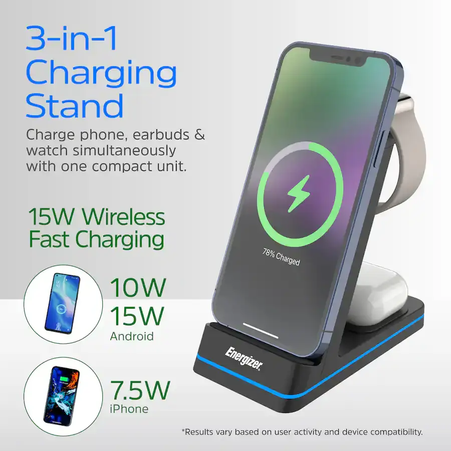 Cargador Inalámbrico Energizer 3 en 1 Qi 15W RGB para iPhone, AirPods, Apple Watch y Android's photo #2