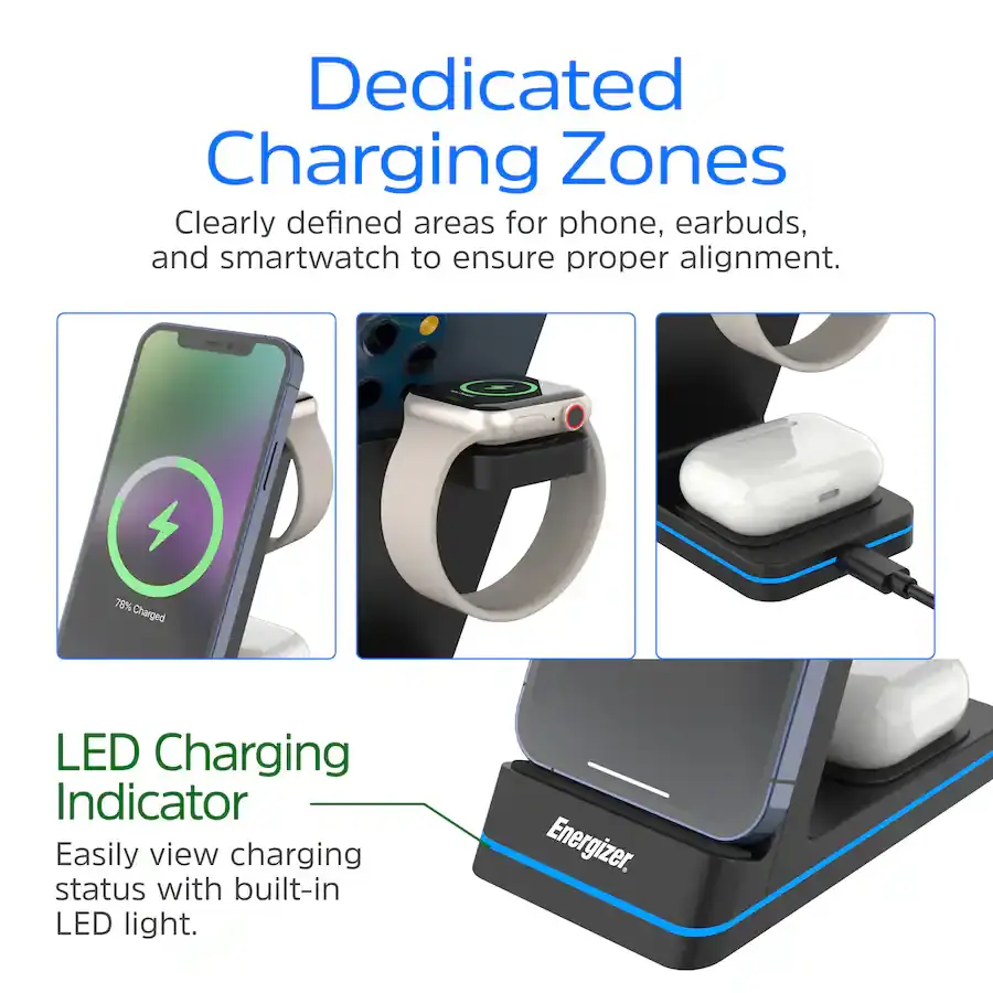 Cargador Inalámbrico Energizer 3 en 1 Qi 15W RGB para iPhone, AirPods, Apple Watch y Android's photo #6
