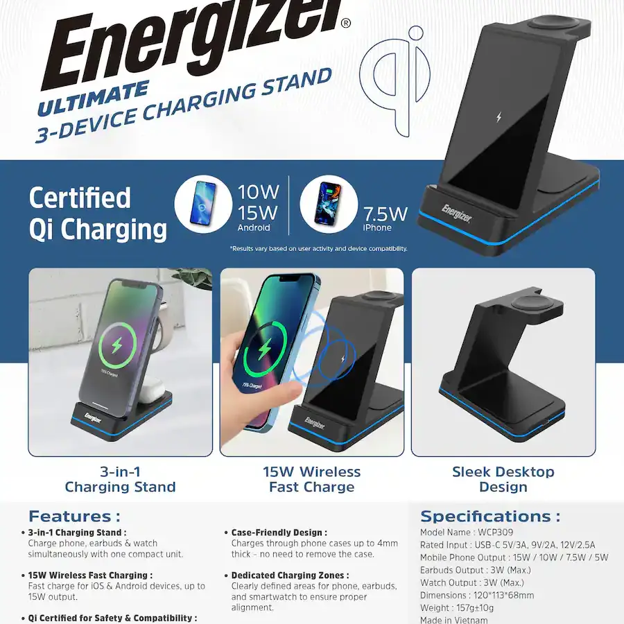Cargador Inalámbrico Energizer 3 en 1 Qi 15W RGB para iPhone, AirPods, Apple Watch y Android's photo #4