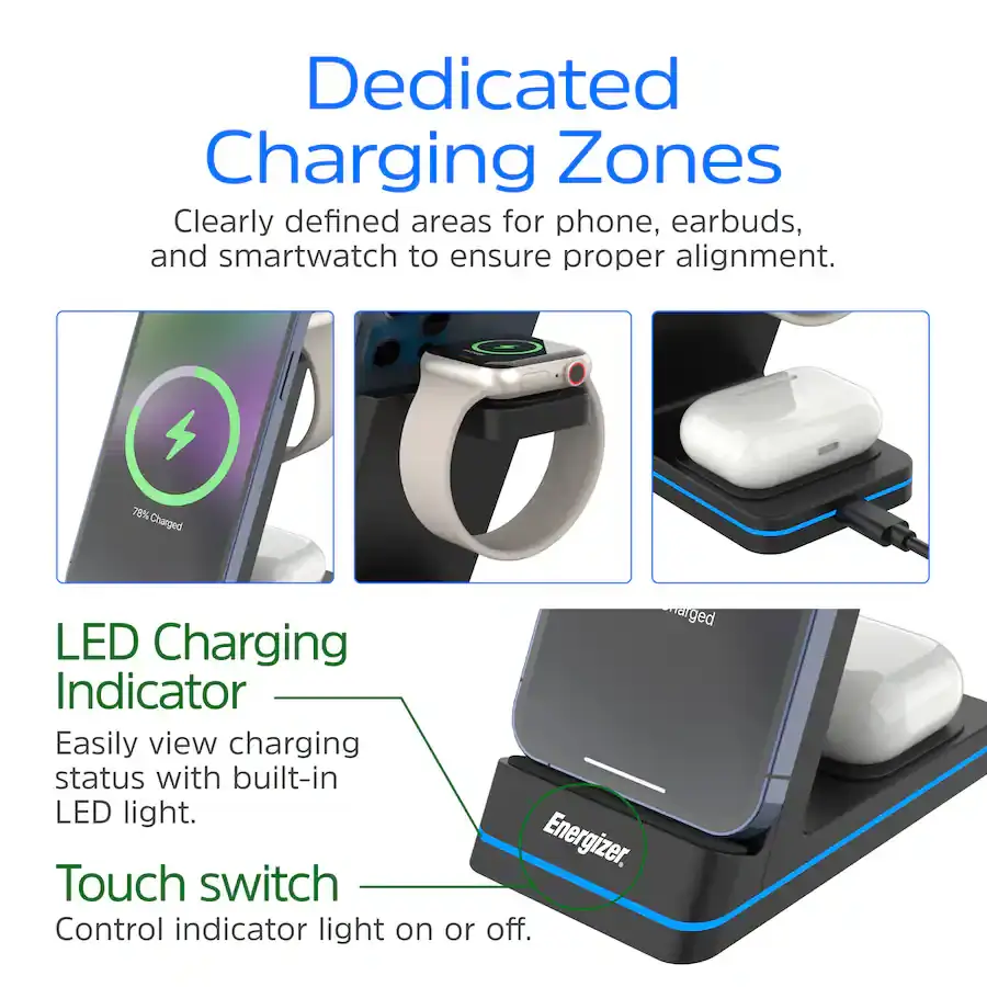Cargador Inalámbrico Energizer 3 en 1 Qi 15W RGB para iPhone, AirPods, Apple Watch y Android's photo #3