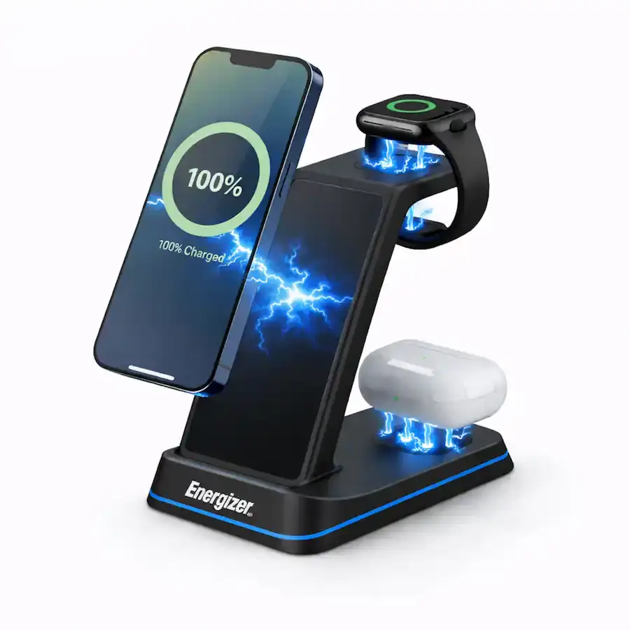 Cargador Inalámbrico Energizer 3 en 1 Qi 15W RGB para iPhone, AirPods, Apple Watch y Android's photo #1