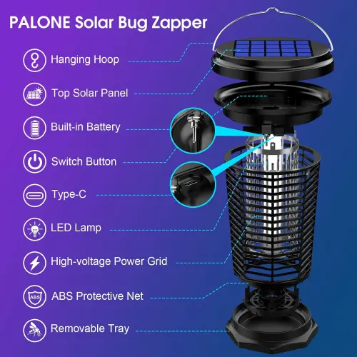Mata Mosquitos Eléctrico PALONE Solar 4500V con USB-C, Luz LED y Panel Externo — imagen 7
