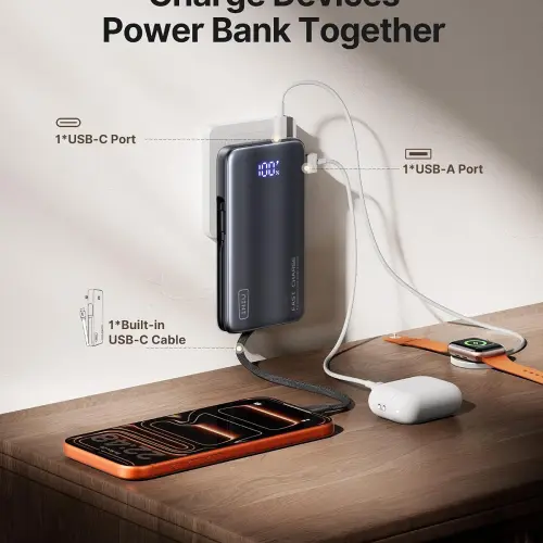 Power Bank INIU 10000mAh 45W GaN 3 en 1 con enchufe y cable USB-C integrado — imagen 5