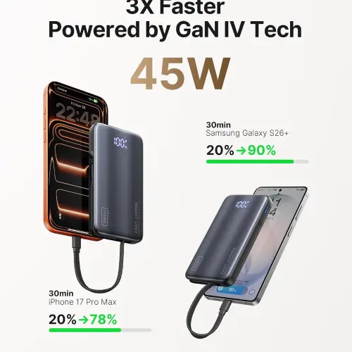 Power Bank INIU 10000mAh 45W GaN 3 en 1 con enchufe y cable USB-C integrado — imagen 3