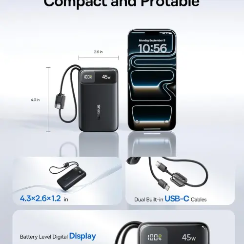 Power Bank Baseus EnerFill FC11 20000mAh 45W con 2 cables USB-C integrados — imagen 2