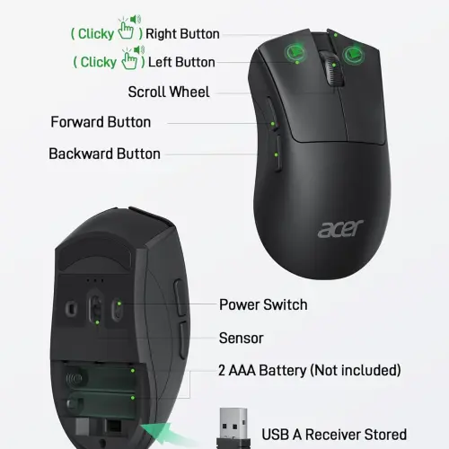Mouse Acer Inalámbrico 1200 DPI con Receptor USB 2.4GHz – Negro — imagen 4