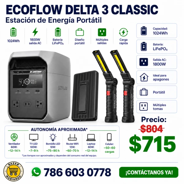 EcoFlow DELTA 3 Classic 1024Wh 1800W con Power Bank Magnético EcoFlow y 2 Linternas LED de Regalo's foto | Bazar Marianao |  BizneCubano