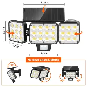 Luces Solares LED Exteriores 3500LM con Sensor de Movimiento PIR, 3 Cabezales Ajustables, Impermeables IP para Patio, Jardín, Garaje y Seguridad del Hogar (Pack de 2) miniatura 7