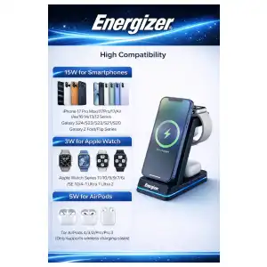 Cargador Inalámbrico Energizer 3 en 1 Qi 15W RGB para iPhone, AirPods, Apple Watch y Android miniatura 2