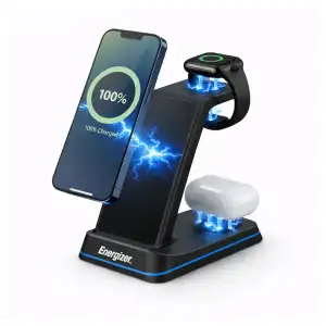 Cargador Inalámbrico Energizer 3 en 1 Qi 15W RGB para iPhone, AirPods, Apple Watch y Android miniatura 1