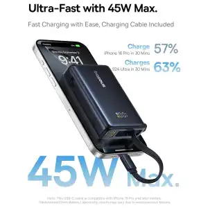 Baseus PicoGo Power Bank 10000mAh 45W con Cable USB-C Integrado, 3 Salidas y Pantalla Digital miniatura 3