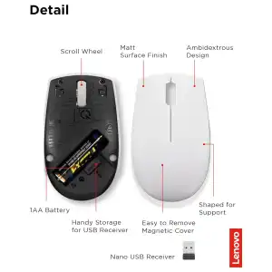 Mouse Inalámbrico Lenovo 300 Compacto 2.4G USB Ambidiestro miniatura 6